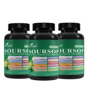 Soursop supplement containing 20 herbal extracts including seaweed, lion's mane mushroom, turmeric, black seed oil, oregano, and mullein (QTY: 3 PCS)