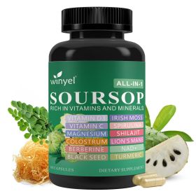 Soursop supplement containing 20 herbal extracts including seaweed, lion's mane mushroom, turmeric, black seed oil, oregano, and mullein (QTY: 1 PCS)